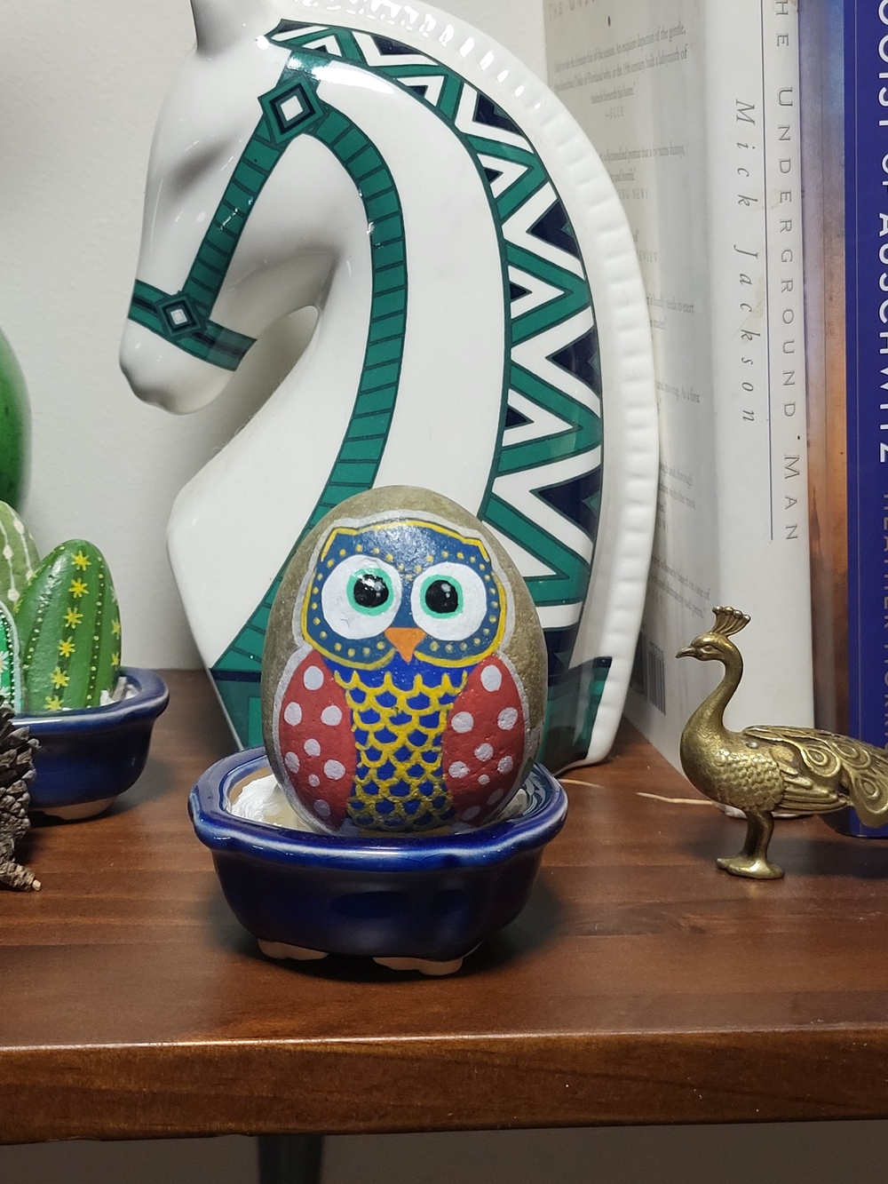 Hand-Painted Owl Decorative River Rock in Blue, Yellow and Red